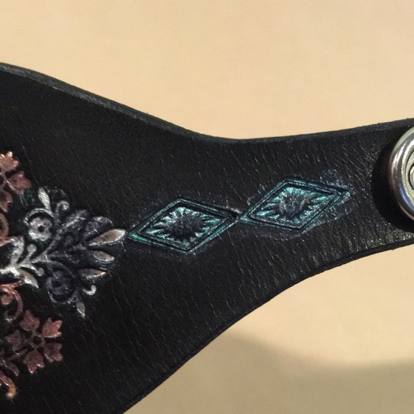 Tooled Leather Cuff Bracelet with Labradorite Gemstone Inlay Boho Mandala Cuff - Picture 8 of 12